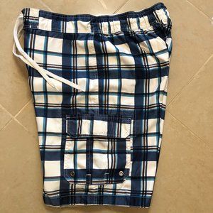 Merona Coastal Blue & White Plaid Swim Trunks Beachy Preppy Vacation Island